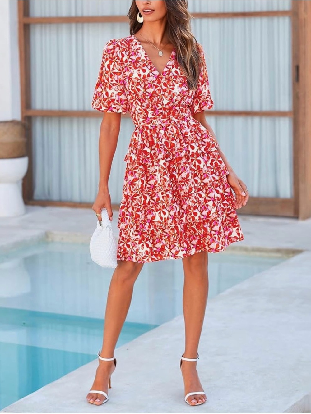 Floral V-Neck Ruffle Tiered Dress in Red - Picture 4 of 12
